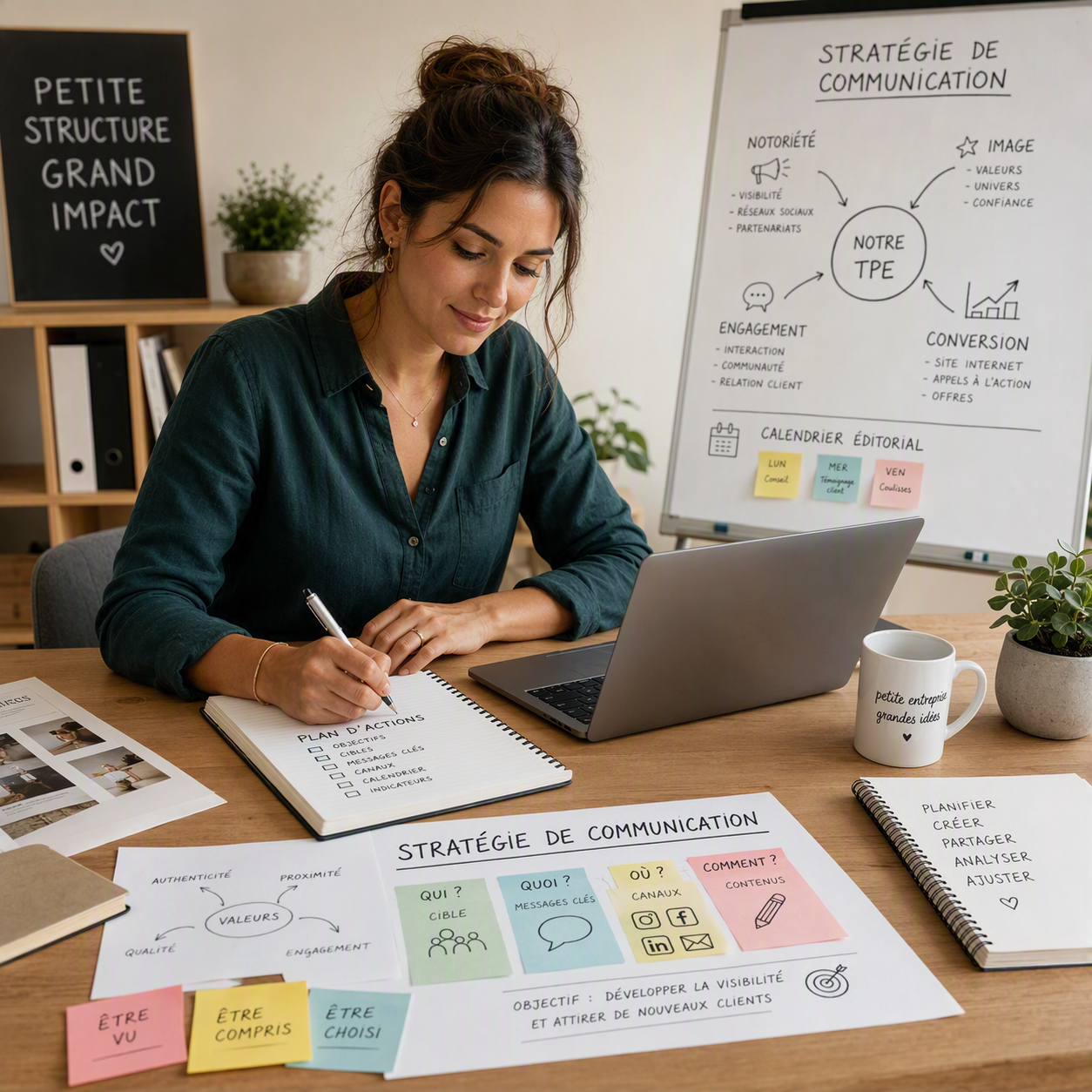 Une entrepreneure prépare une stratégie de communication pour une TPE